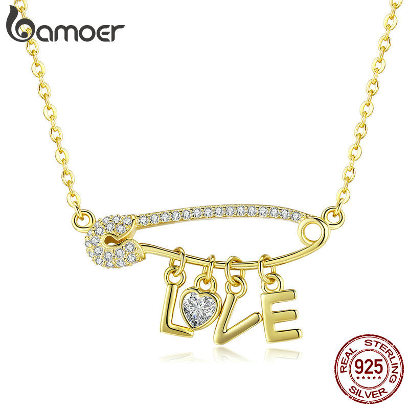 BAMOER Vintage 100% 925 Sterling Silver Back Needle & Love Letter Clear Zirconia Necklaces Pendant
