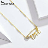 BAMOER Vintage 100% 925 Sterling Silver Back Needle & Love Letter Clear Zirconia Necklaces Pendant