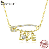 BAMOER Vintage 100% 925 Sterling Silver Back Needle & Love Letter Clear Zirconia Necklaces Pendant