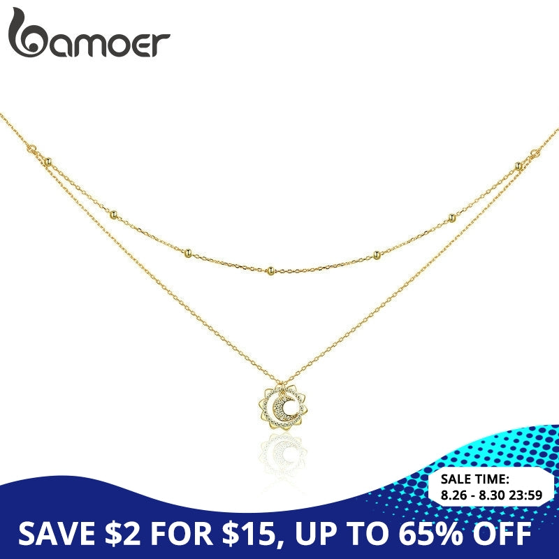 BAMOER Vintage 925 Sterling Silver Sun Moon Shape Double Layers Choker Necklaces Pendant