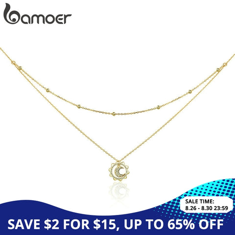 BAMOER Vintage 925 Sterling Silver Sun Moon Shape Double Layers Choker Necklaces Pendant