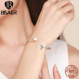 BISAER Authentic 925 Sterling Silver Blue Mermaid Tail Link Chain Bracelet