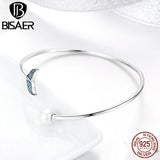 BISAER Authentic 925 Sterling Silver Blue Mermaid Tail Link Chain Bracelet