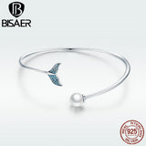 BISAER Authentic 925 Sterling Silver Blue Mermaid Tail Link Chain Bracelet