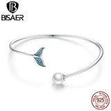 BISAER Authentic 925 Sterling Silver Blue Mermaid Tail Link Chain Bracelet