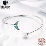 BISAER Authentic 925 Sterling Silver Blue Mermaid Tail Link Chain Bracelet