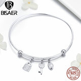 BISAER 925 Sterling Silver Heart lock Key Charms Adjustable Bracelet Bangles