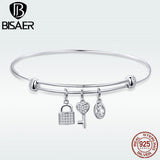 BISAER 925 Sterling Silver Heart lock Key Charms Adjustable Bracelet Bangles