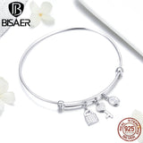 BISAER 925 Sterling Silver Heart lock Key Charms Adjustable Bracelet Bangles