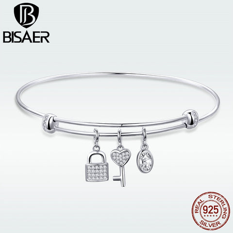 BISAER 925 Sterling Silver Heart lock Key Charms Adjustable Bracelet Bangles