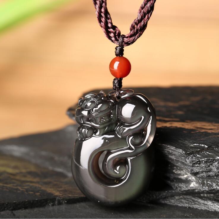 Beautiful and colorful obsidian carved Chinese dragon pixiu Pendant necklace