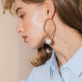 Big Pearl Stainless steel Gold color Dangle Geometric Earrings