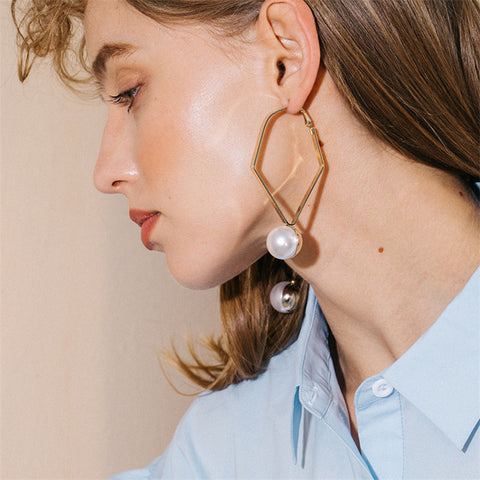Big Pearl Stainless steel Gold color Dangle Geometric Earrings