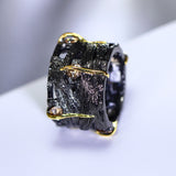 Black gold round crystal cubic zirconia stones brass metal circle rock ring
