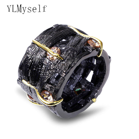 Black gold round crystal cubic zirconia stones brass metal circle rock ring
