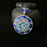 999 Sterling Silver Pendant Blue Cloisonne Enamel Ethnic Pendant Ornaments