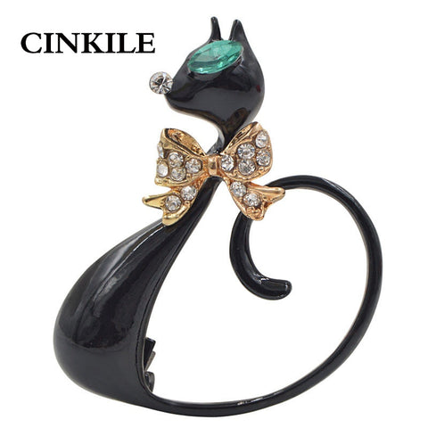 CINKILE Cute Enamel Black Long Tail Cat Brooches