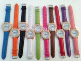 Casual Leather Band FDouble Rhinestones Analog Wristwatch