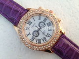 Casual Leather Band FDouble Rhinestones Analog Wristwatch