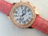 Casual Leather Band FDouble Rhinestones Analog Wristwatch