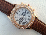 Casual Leather Band FDouble Rhinestones Analog Wristwatch