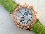 Casual Leather Band FDouble Rhinestones Analog Wristwatch