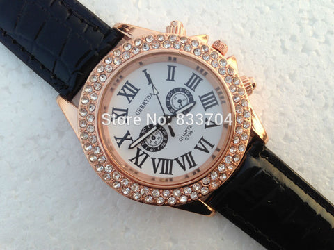 Casual Leather Band FDouble Rhinestones Analog Wristwatch