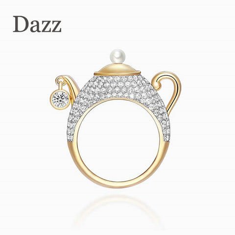 DazzLuxury Teapot Gold Color Ring AAA Zircon Pearl Ring
