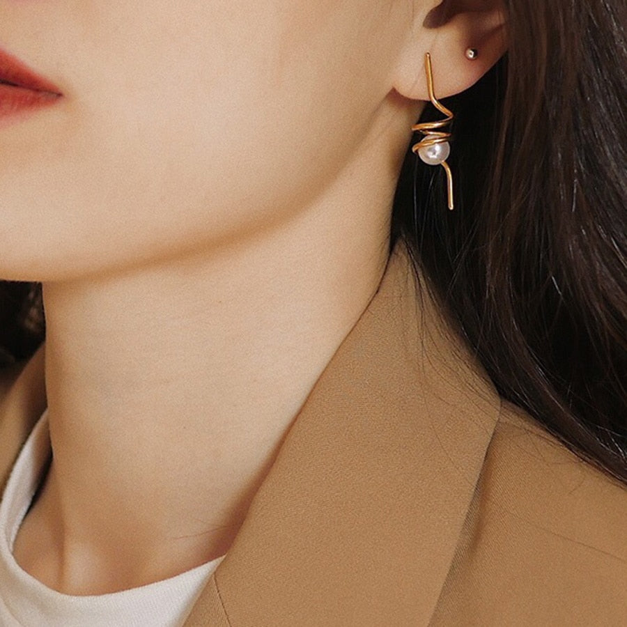 Pearl Earrings Stainless Steel Gold Color Dangle Earrings