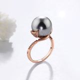 Rose gold /white ring with big grey pearl Beautiful Leaf Ring