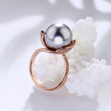 Rose gold /white ring with big grey pearl Beautiful Leaf Ring