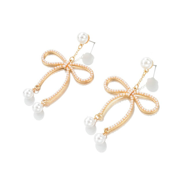 Bowknot Big Dangle Drop Pearl Statement Earrings