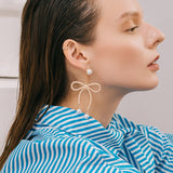 Bowknot Big Dangle Drop Pearl Statement Earrings