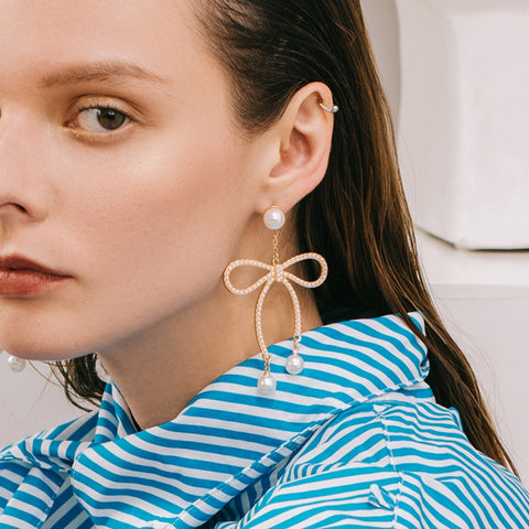 Bowknot Big Dangle Drop Pearl Statement Earrings