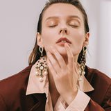 Golden Color Cross Big Dangle Drop Black Rhinestone Pearls Statement Earrings