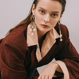 Golden Color Cross Big Dangle Drop Black Rhinestone Pearls Statement Earrings