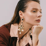 Golden Color Cross Big Dangle Drop Black Rhinestone Pearls Statement Earrings