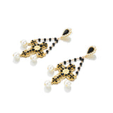 Golden Color Cross Big Dangle Drop Black Rhinestone Pearls Statement Earrings