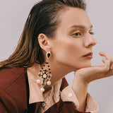 Golden Color Cross Big Dangle Drop Black Rhinestone Pearls Statement Earrings