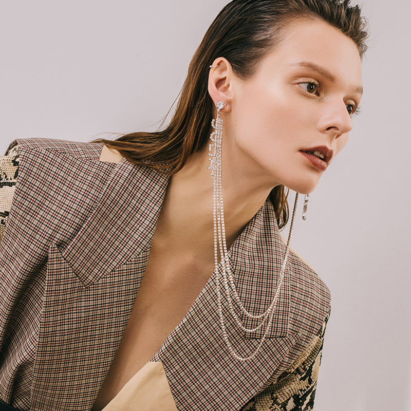 Silvery Color Big Dangle Drop Long multi - chain Letter Rhinestone Statement Earrings