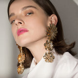 Big Golden Flowers Statement Tiny Rhinestone Decorate Drop Dangle Earrings