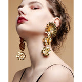 Big Golden Flowers Statement Tiny Rhinestone Decorate Drop Dangle Earrings