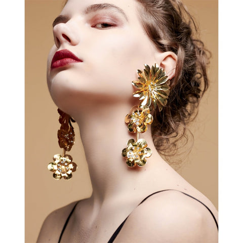 Big Golden Flowers Statement Tiny Rhinestone Decorate Drop Dangle Earrings