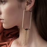 Golden Rectangle Tassel Big Statement Drop Dangle Earrings