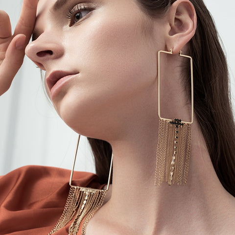 Golden Rectangle Tassel Big Statement Drop Dangle Earrings