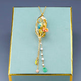 Enamel Glaze Blue  Cage Pink Flowers Tassels Chain Sweater Necklace