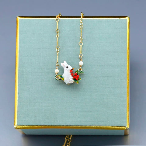 Enamel Glaze Christmas Small White Rabbit Clavicle Necklace