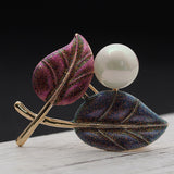 Exquisite inlay imitation pearl leaf brooch