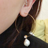 Retro Natural Pearl Pendant Inlaid Cubic Zircon Gold Dangle Earrings