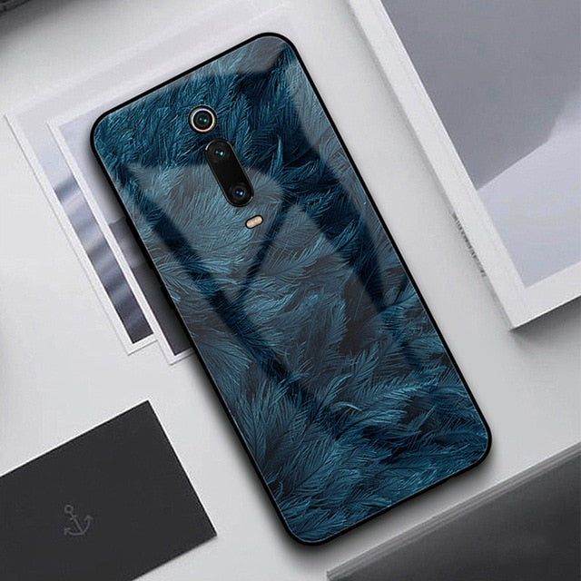 Xiaomi Mi 9T Case Tempered Glass Feather Print Cover With Starry Sky Design Phone Case